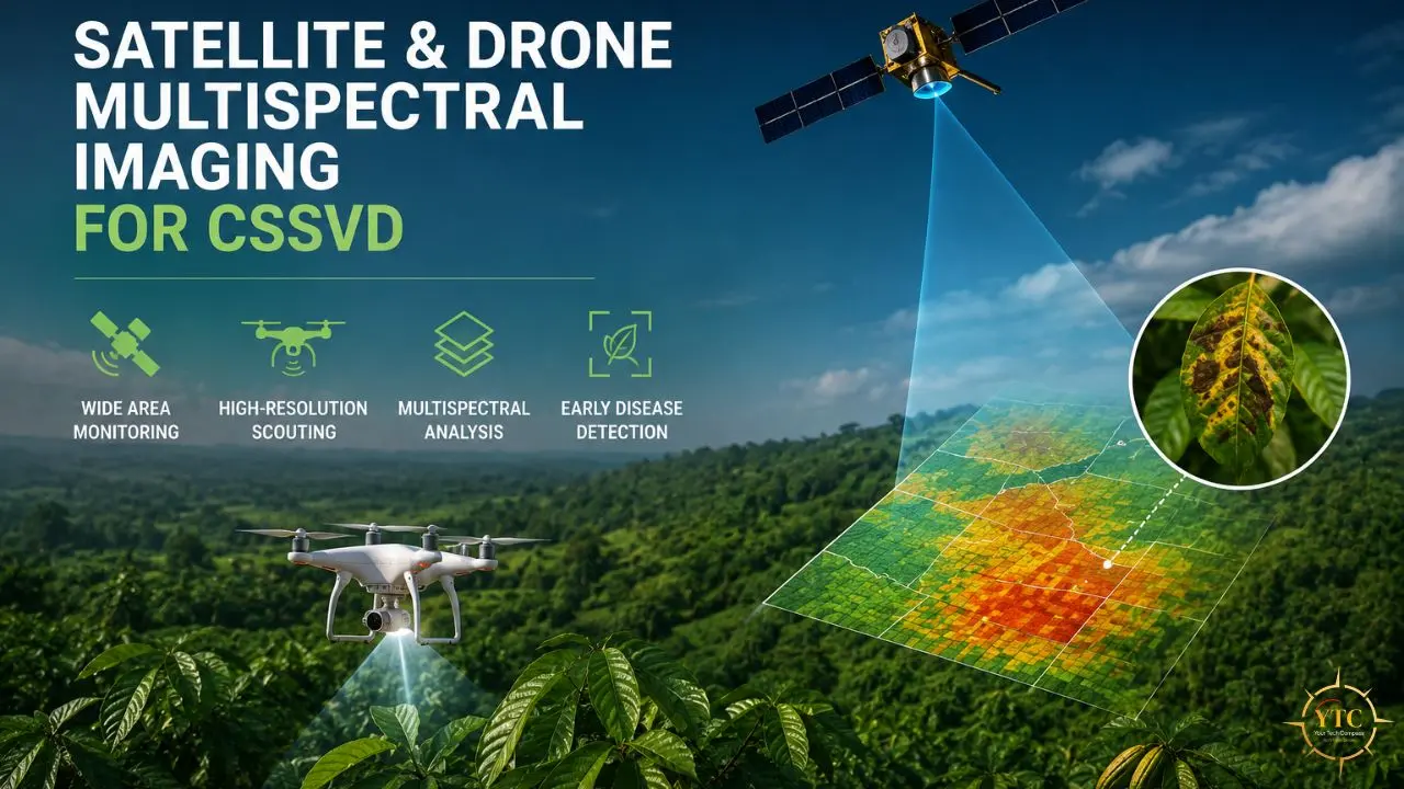 Satellite and drone multispectral imaging analyzes lush green fields, identifying potential crop disease with a close-up of a diseased leaf.
