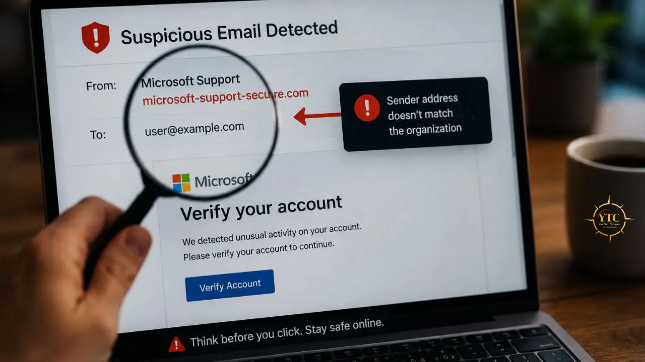 Laptop screen displays a Microsoft "Verify your account" phishing email alert, with a magnifying glass examining the sender's suspicious address.