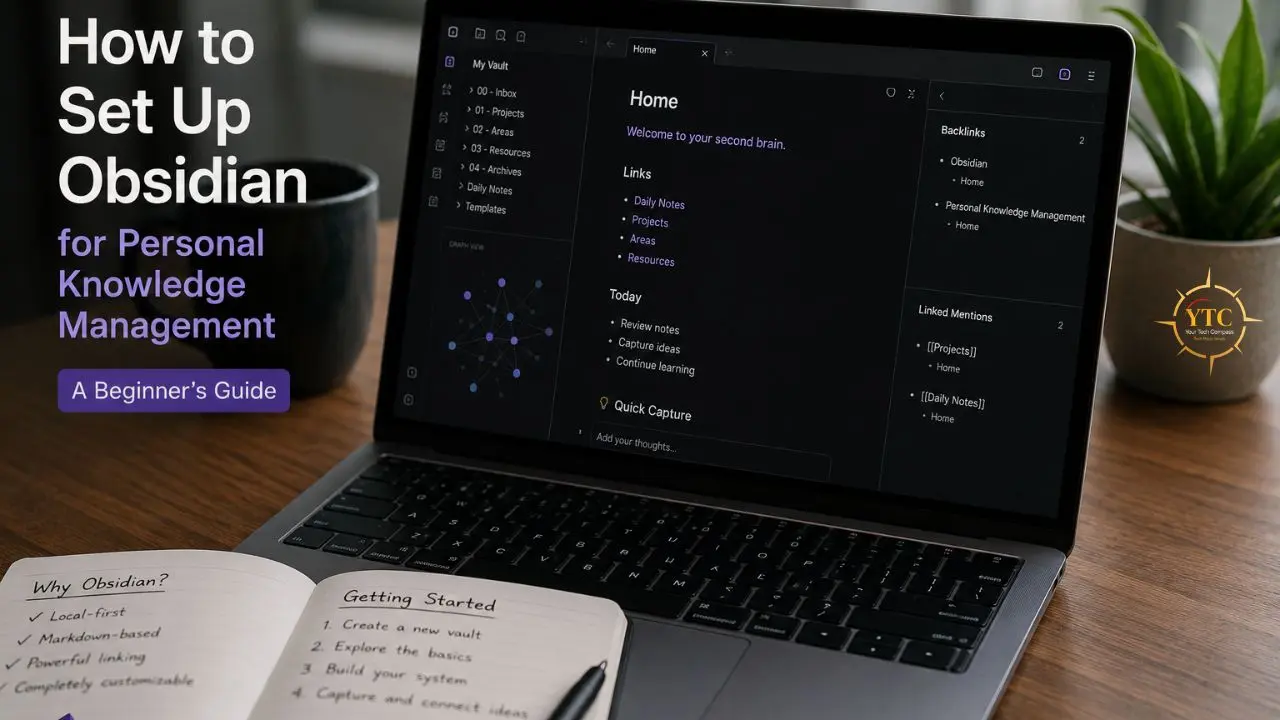 Laptop displaying Obsidian app for personal knowledge management next to a notebook with setup tips.