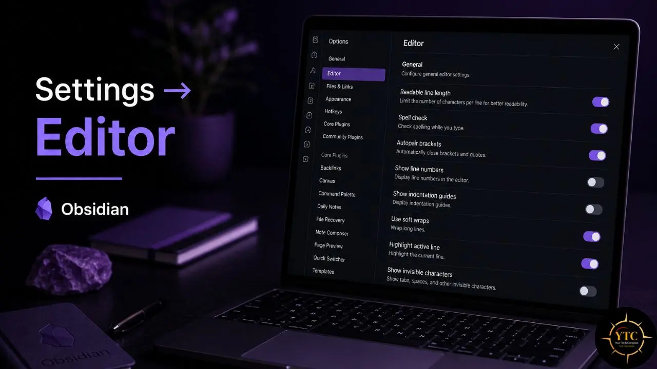 Laptop screen displaying Obsidian editor settings with toggles for features like spell check and line numbers.