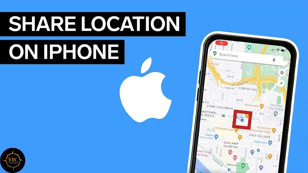 Thumbnail graphic with text "SHARE LOCATION ON IPHONE", an Apple logo, and an iPhone displaying a map of San Diego.