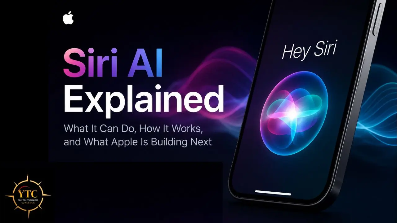 Apple's Siri AI explained on a smartphone screen with vibrant abstract waveforms.
