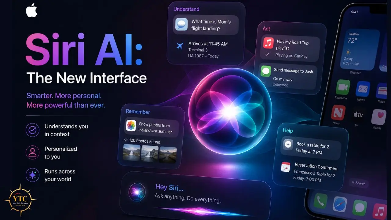 Promotional graphic for Siri AI showcasing its new interface with interactive widgets for understanding, remembering, acting, and getting help, next to an iPhone displaying app icons.