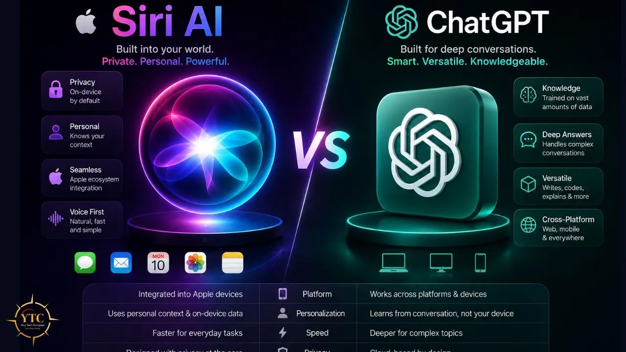 Side-by-side comparison of Siri AI and ChatGPT features, highlighting their strengths and differences.