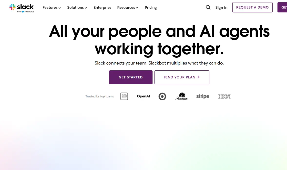 Slack homepage with headline "All your people and AI agents working together."
