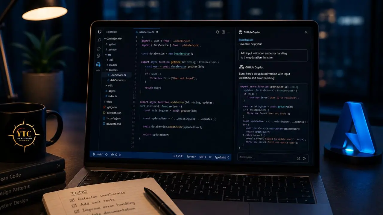Laptop open to code editor displaying JavaScript code with GitHub Copilot suggestions, next to a mug, books, and a notepad with to-do list.