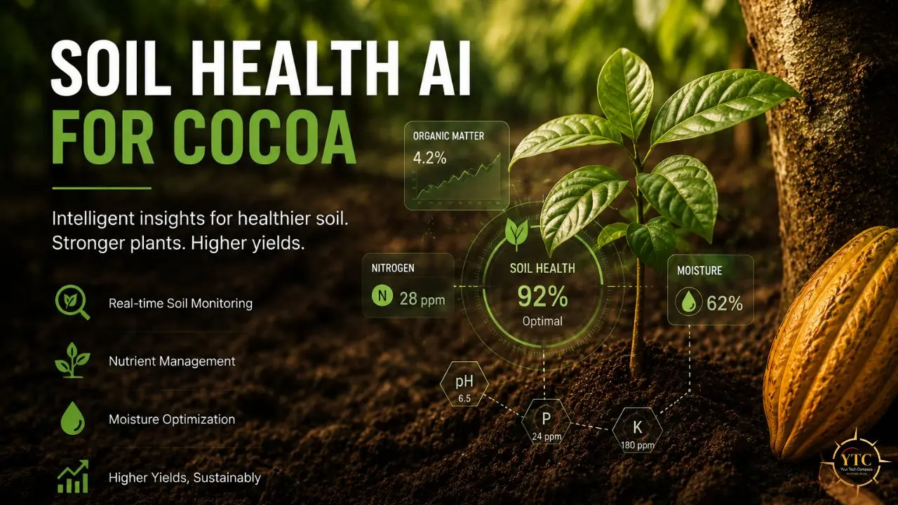 Graphic promoting "Soil Health AI for Cocoa" with real-time soil data overlays and cocoa pod.
