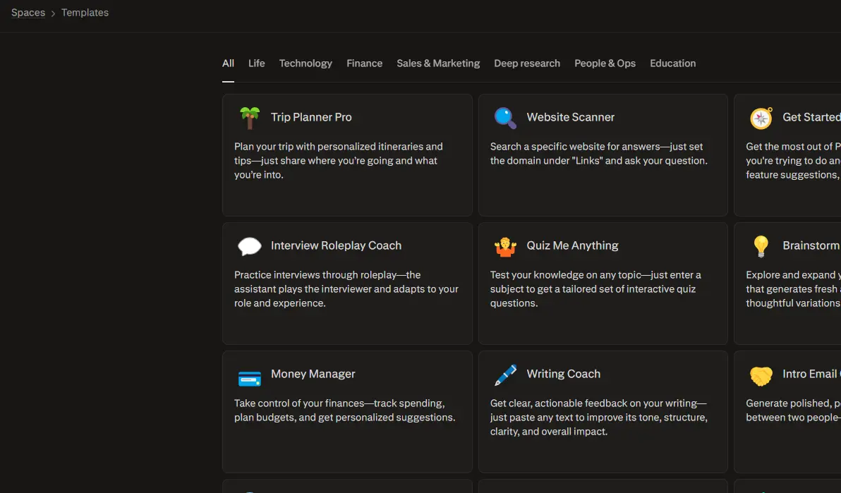 A dark-themed web page displays a grid of template cards for various AI tools, including Trip Planner Pro, Website Scanner, and Interview Roleplay Coach.