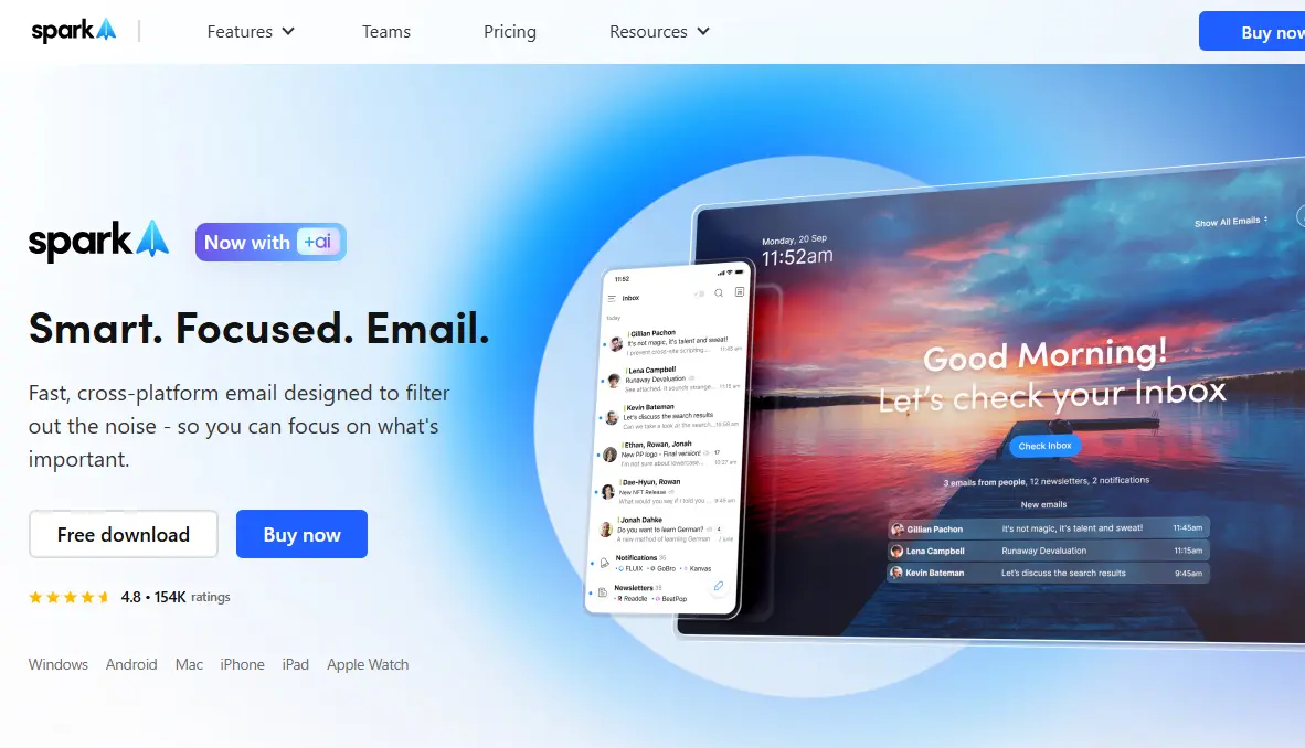 Spark email app interface on a phone and tablet displaying an inbox with a sunset background.