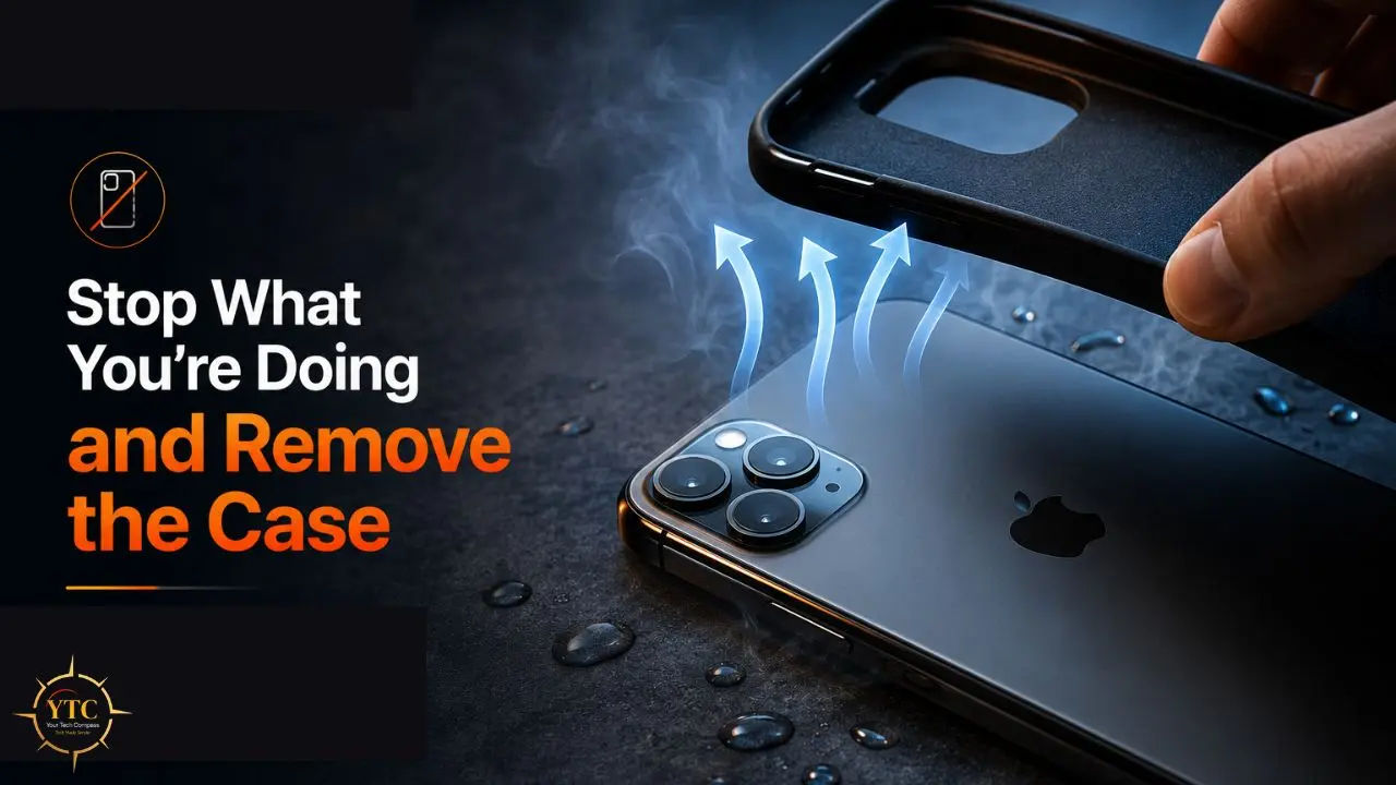 A hand removes a black iPhone case from an iPhone, with blue arrows indicating heat escaping.