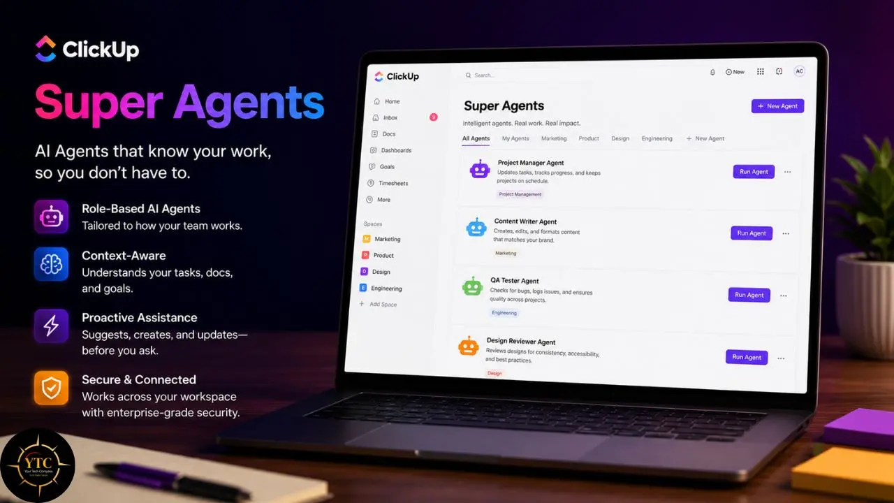 Laptop displaying ClickUp's "Super Agents" interface, listing AI agents for project management, content writing, QA, and design.