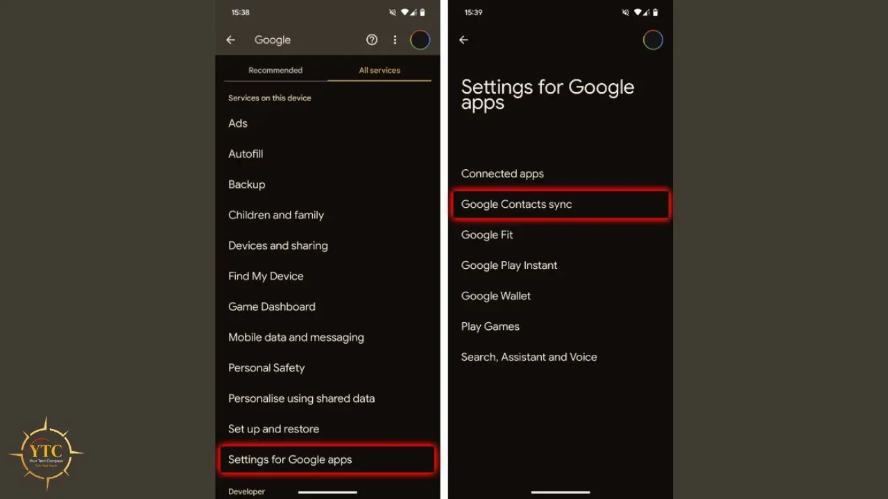 Two phone screens showing Google settings with "Settings for Google apps" and "Google Contacts sync" highlighted.