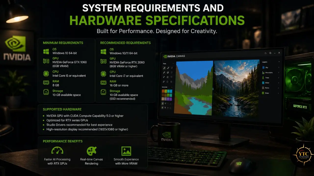 NVIDIA system requirements and hardware specifications with example NVIDIA Canvas interface and PC components.