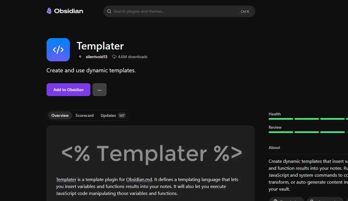 Obsidian plugin page for Templater, showing its icon, name, download count, description, and installation button.