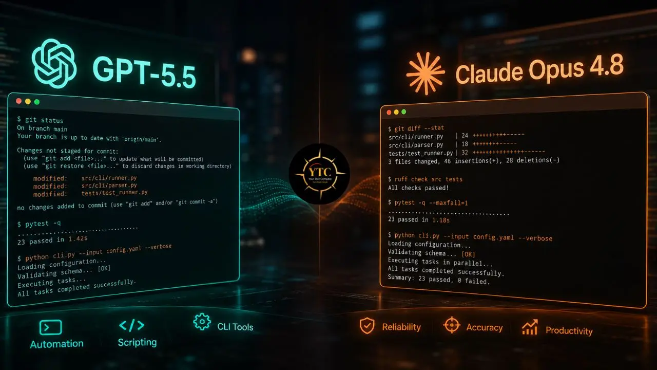 Split screen showing code execution and analysis for GPT-5.5 on the left and Claude Opus 4.8 on the right, with icons for automation, scripting, reliability, accuracy, and productivity at the bottom.