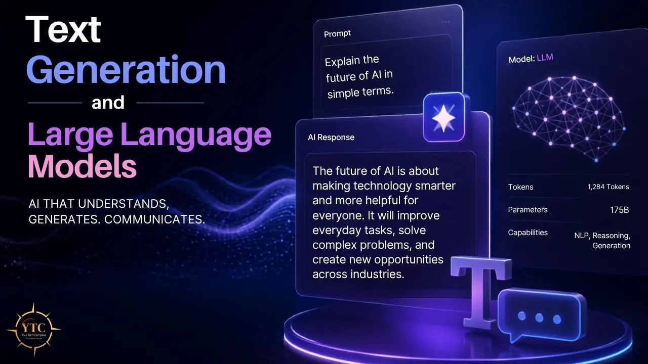 Visual illustration of text generation and large language models with AI prompt and response examples and LLM model details.