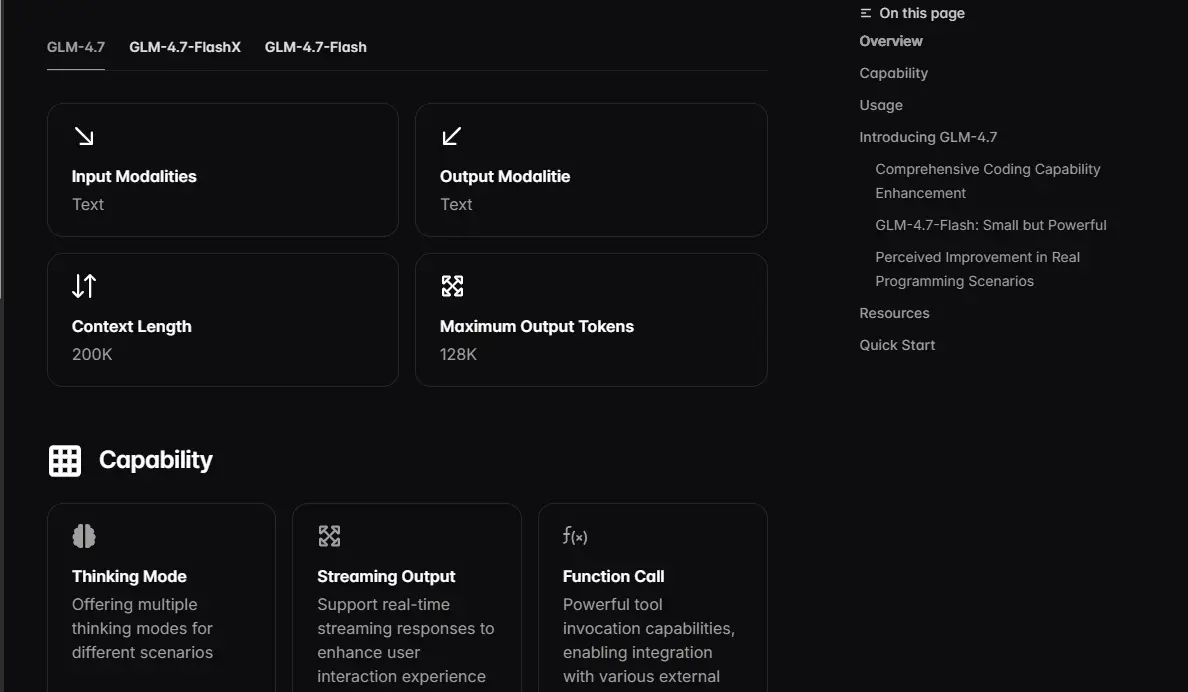 Screen displaying GLM-4.7 capabilities including input/output modalities, context length, and maximum output tokens, alongside a sidebar with page navigation.