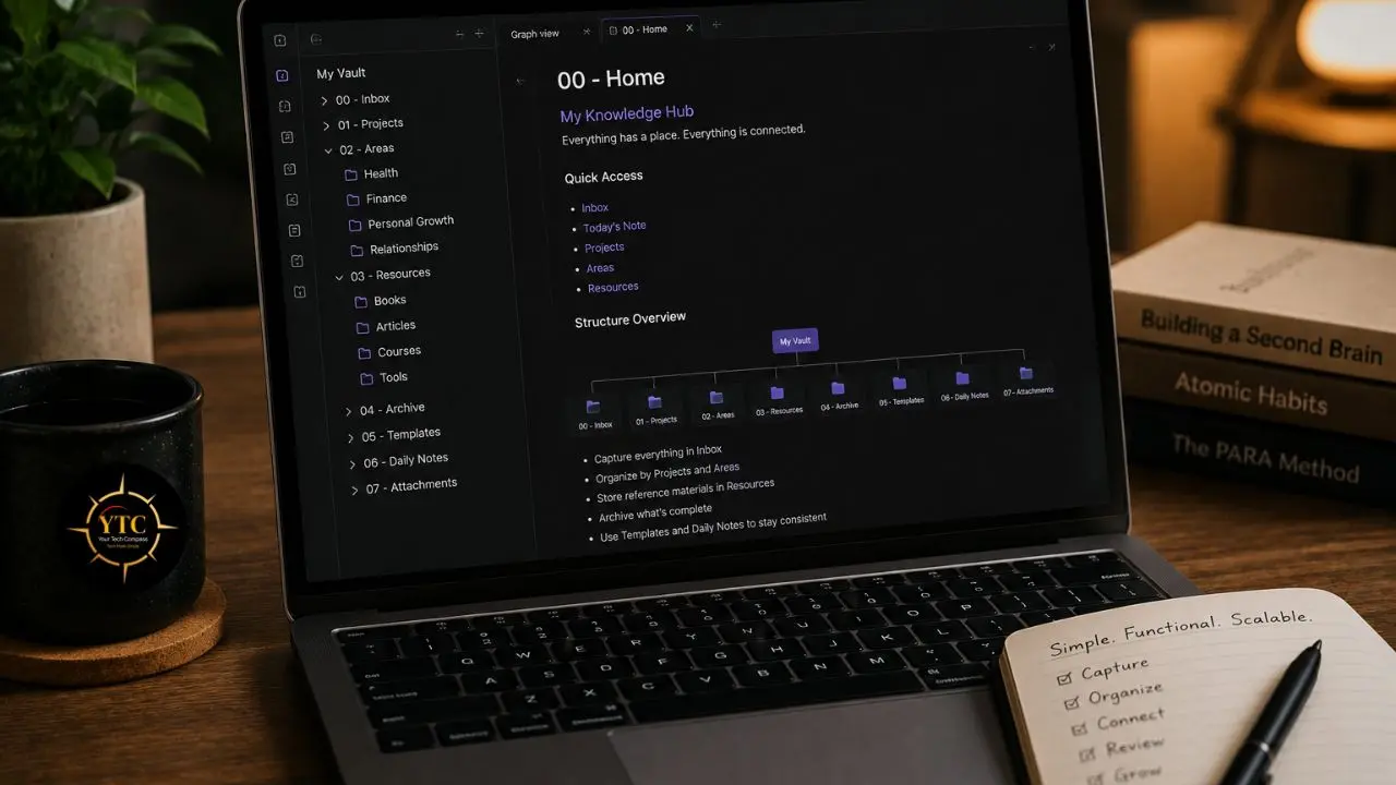 Laptop displaying a knowledge management system with a notebook and books on a desk.