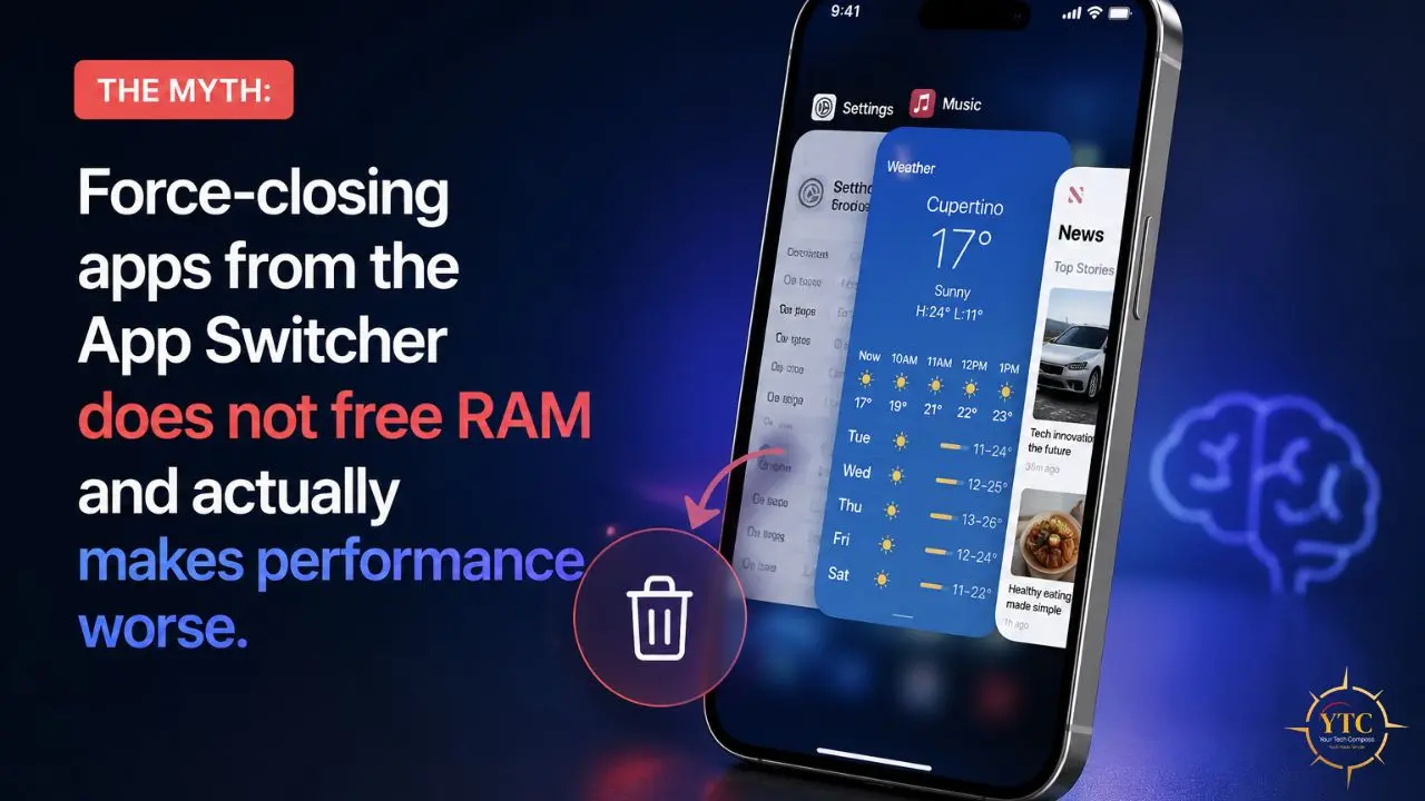 Graphic illustrating that force-closing iPhone apps from the app switcher does not free RAM and can worsen performance.