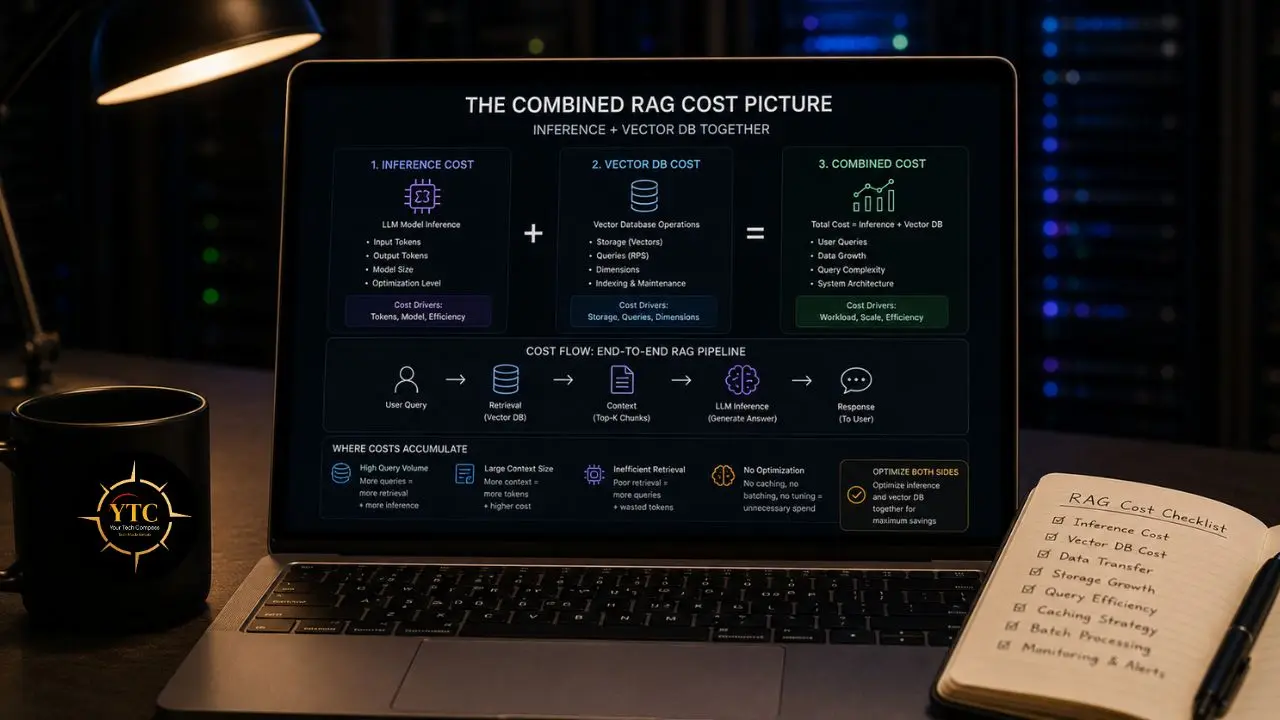 Laptop screen displays a diagram explaining the combined RAG cost, detailing inference cost, vector DB cost, and total cost with a pipeline flow and cost accumulation points.