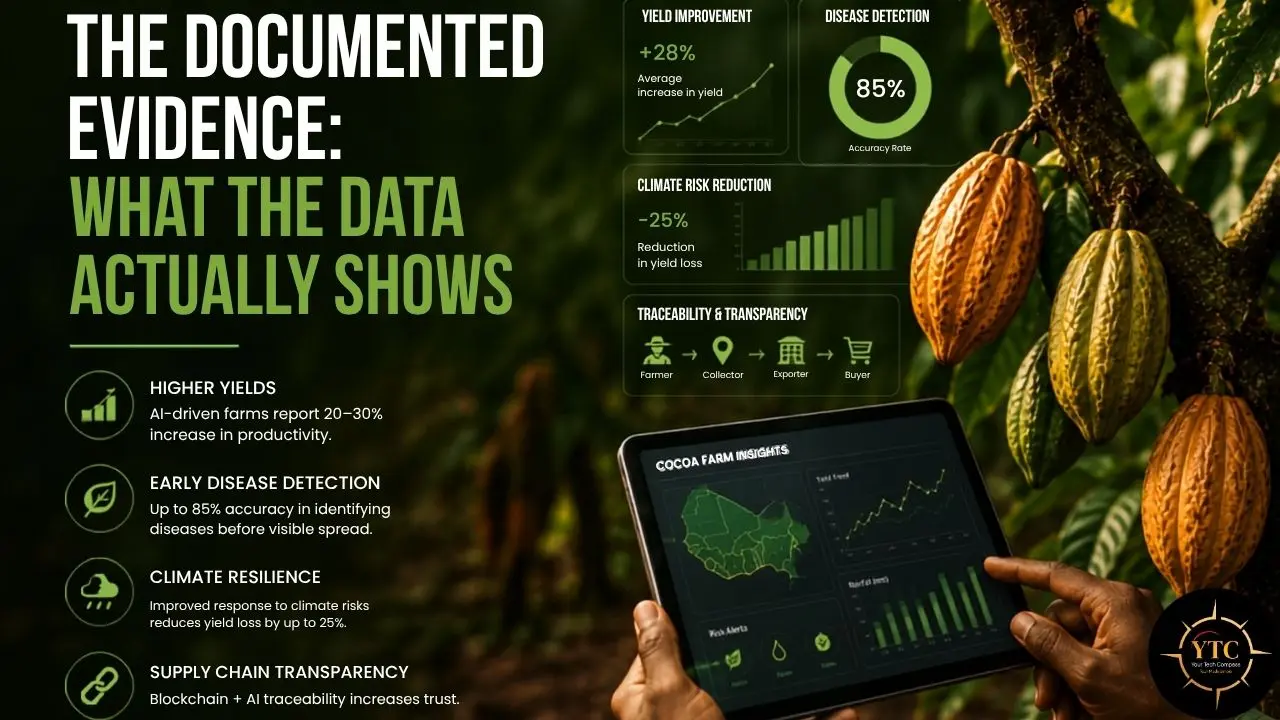 Overlay of cocoa farm data, including yield improvement, disease detection, and traceability, shown on a tablet with cocoa pods in the background.