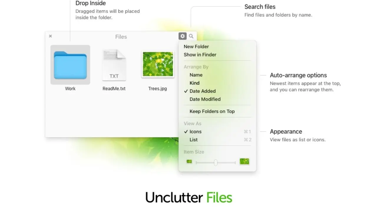 Screenshot of "Unclutter Files" software demonstrating file organization options including view as icons and date added sorting.