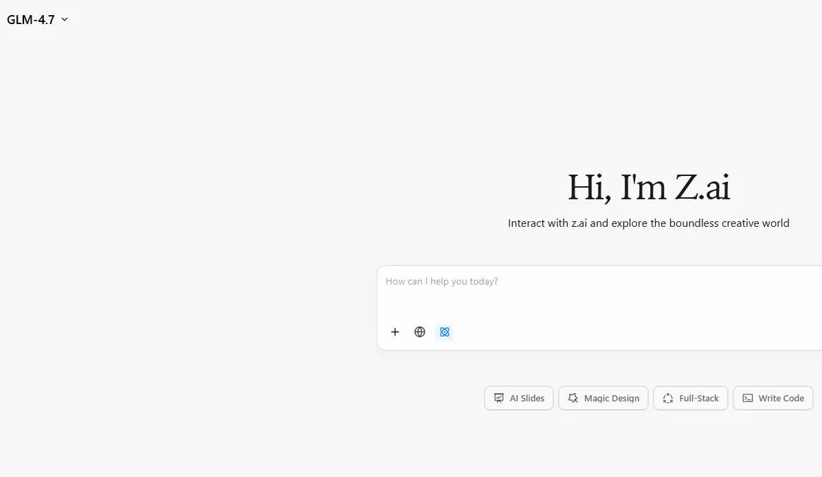 The Z.ai AI assistant interface displays "Hi, I'm Z.ai" and a chat input field asking "How can I help you today?".