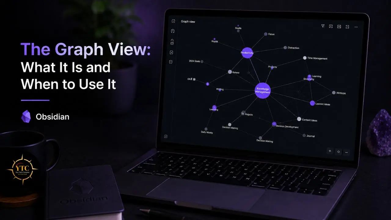 Laptop displaying Obsidian's graph view with nodes representing "Knowledge Management" and related concepts.