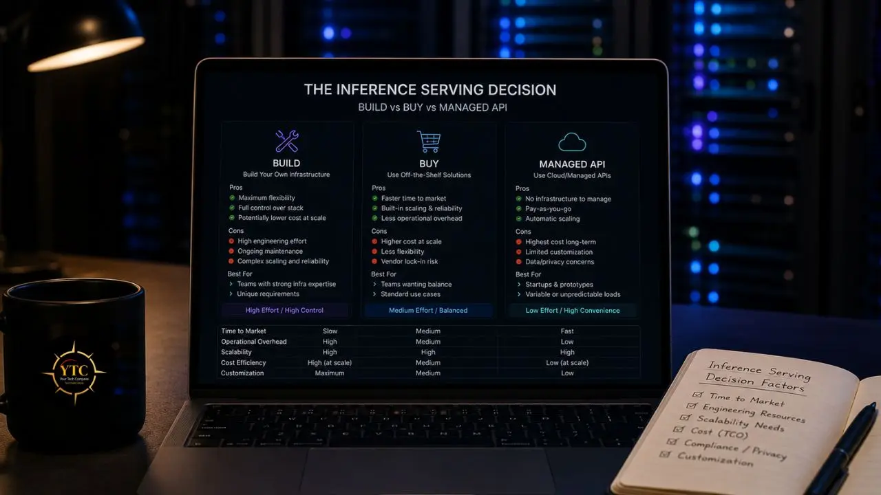 Laptop displays a comparison chart of "Build vs Buy vs Managed API" for inference serving decisions, with a notebook listing decision factors.