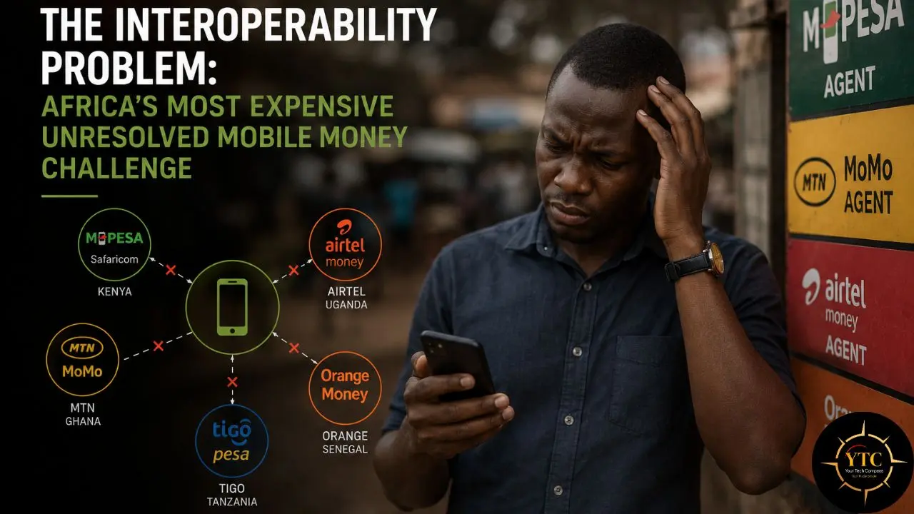 A man with a troubled expression holds a smartphone near signs for M-Pesa, MTN MoMo, and Airtel Money agents, illustrating Africa's mobile money interoperability challenge.