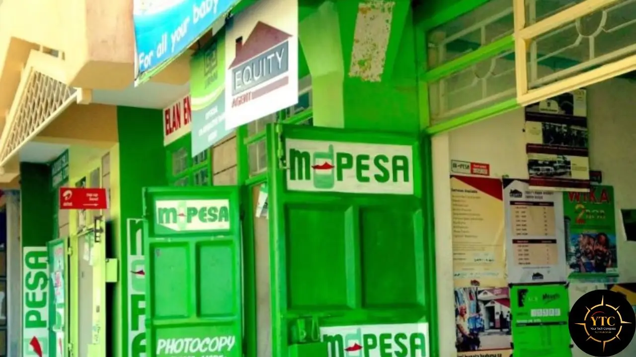 A storefront with multiple M-Pesa logos, an Equity agent sign, and advertisements.