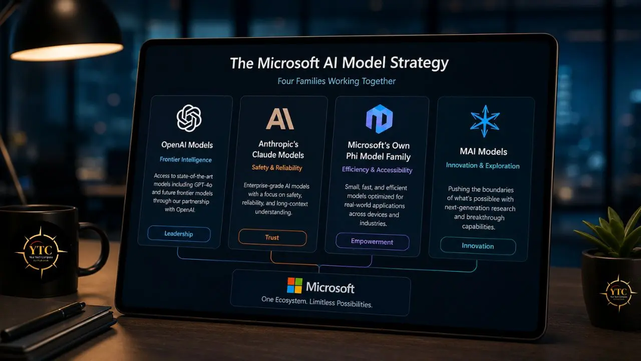 Tablet displaying Microsoft's AI model strategy, detailing OpenAI, Anthropic's Claude, Microsoft's Phi, and MAI models.