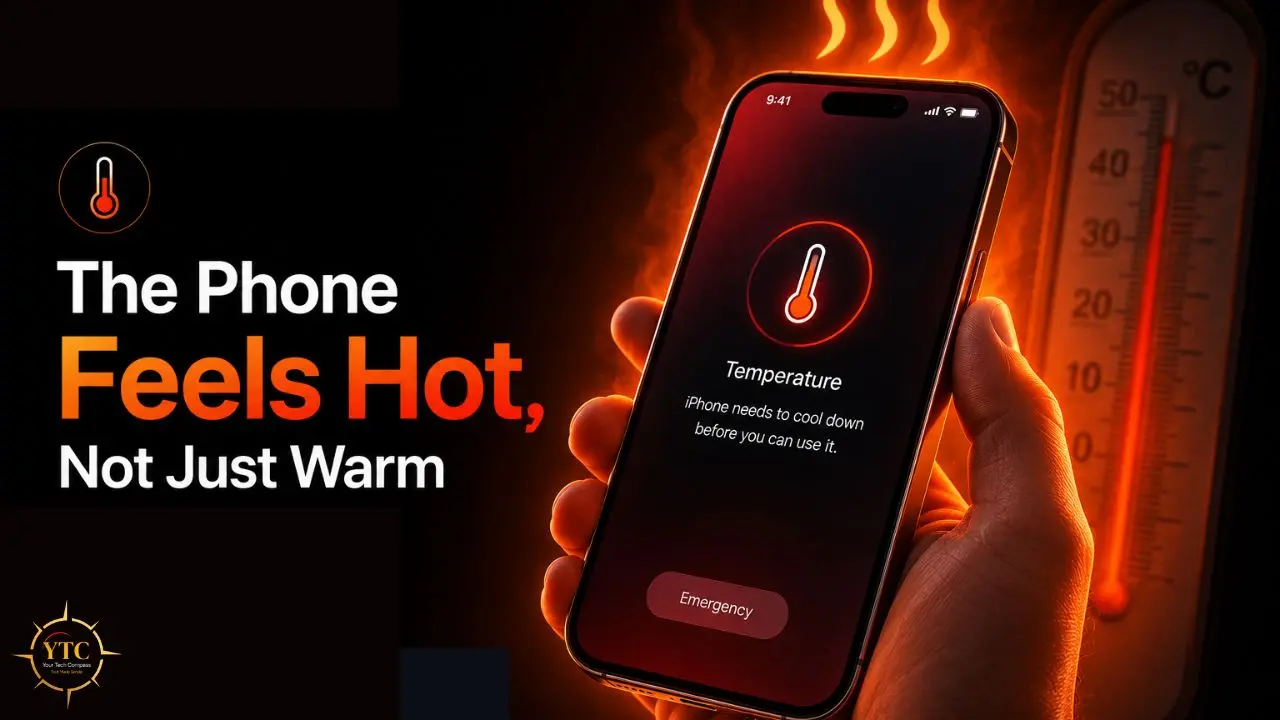 A hand holds a phone displaying a "Temperature" warning that the iPhone needs to cool down, with a thermometer in the background.