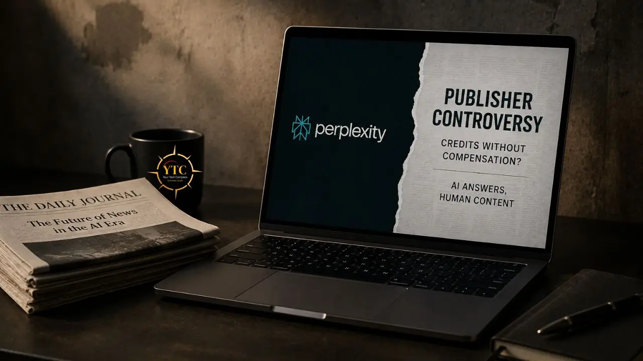 Laptop screen displays "PUBLISHER CONTROVERSY" with "Perplexity" logo, next to a newspaper titled "The Daily Journal" about "The Future of News in the AI Era".