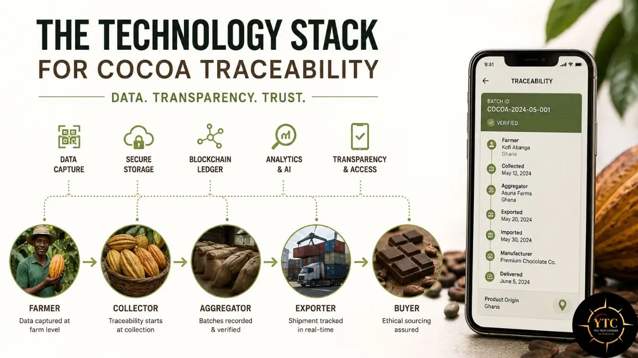 Infographic detailing the technology stack for cocoa traceability from farmer to buyer, including data capture, secure storage, blockchain, analytics, and a mobile app showing verification details.