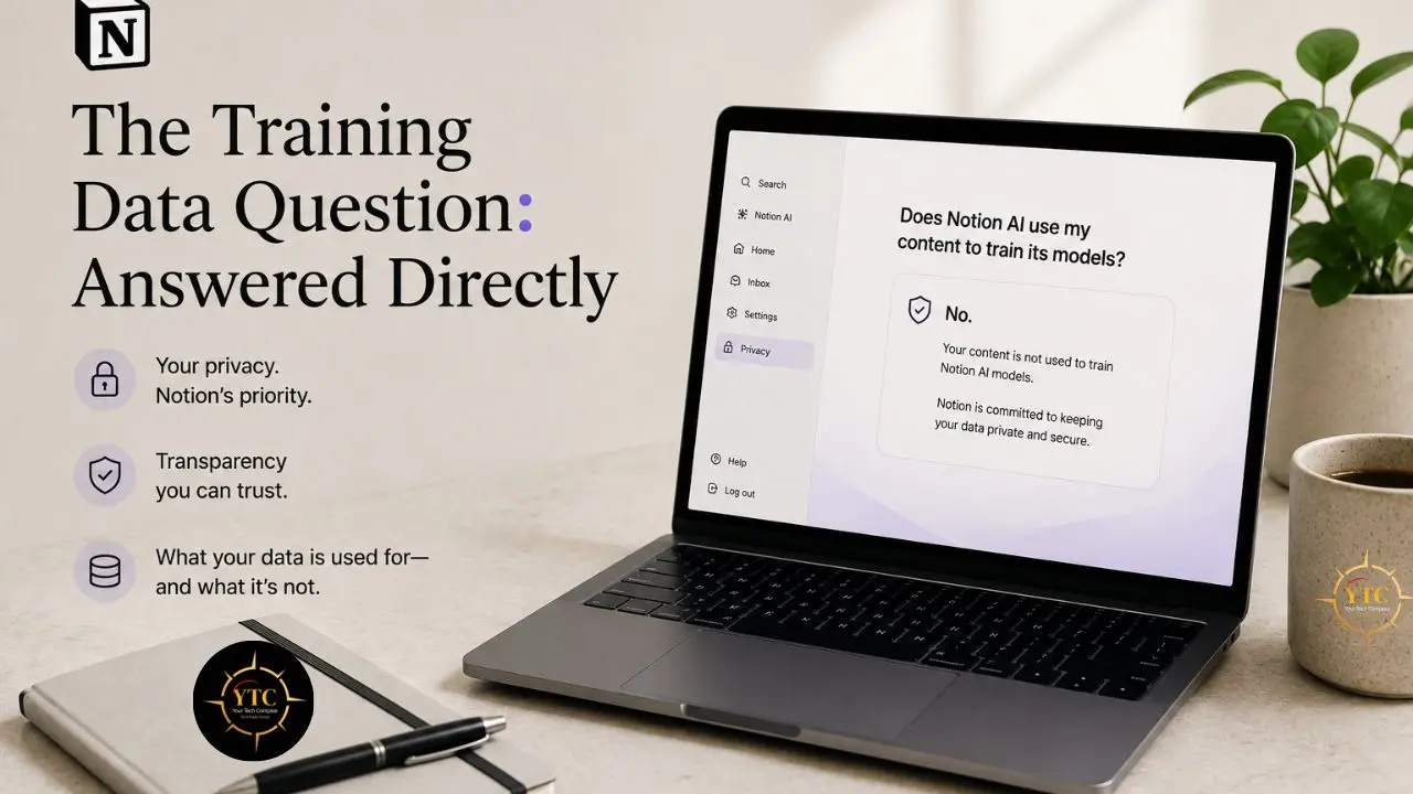 Laptop displaying Notion AI privacy settings with text "The Training Data Question: Answered Directly."