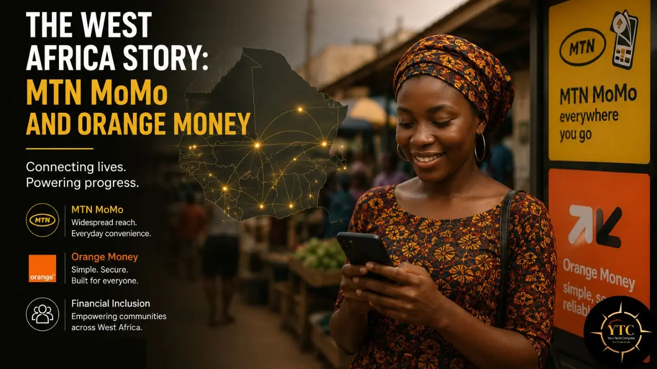A woman smiles while using her phone next to signage for MTN MoMo and Orange Money, promoting financial inclusion in West Africa.