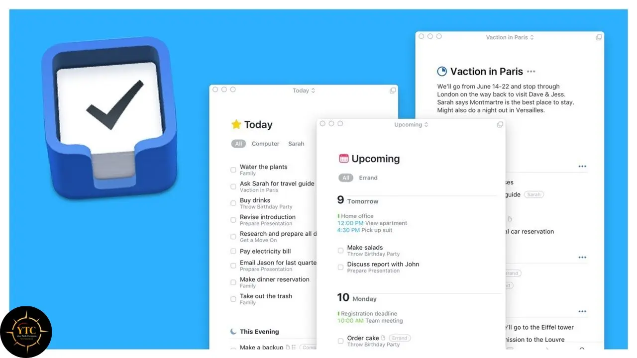 Screenshot of a to-do list app showing today's tasks and upcoming events, with a stylized icon of a sticky note and checkmark.