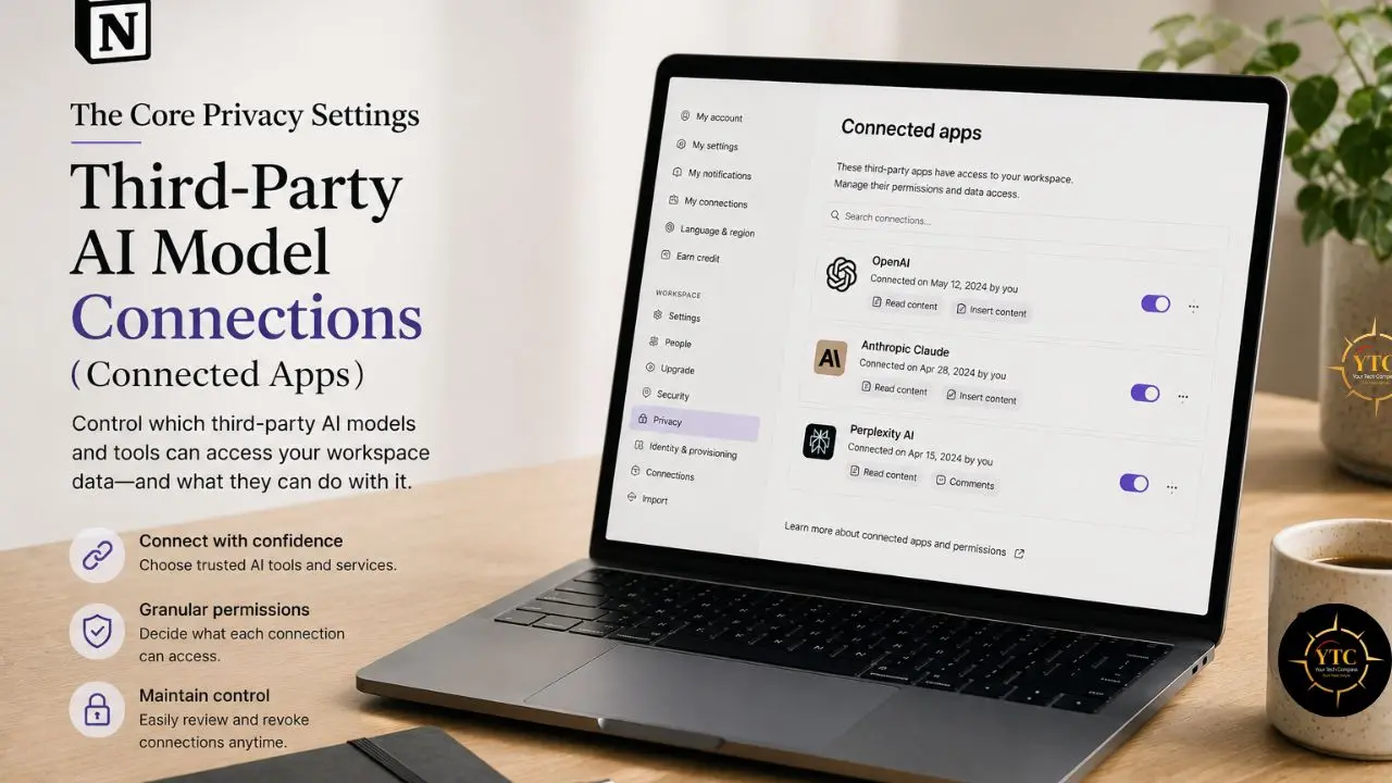 Laptop screen displays Notion's "Third-Party AI Model Connections" settings, listing connected apps like OpenAI and Anthropic Claude with their permissions.