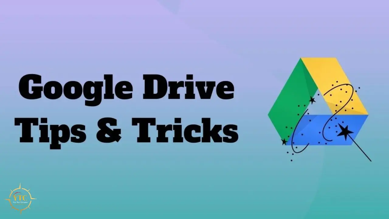 Google Drive Tips & Tricks graphic with the Google Drive logo and sparkles.