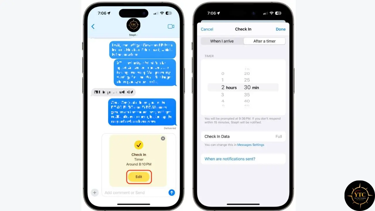 Two iPhones display a text message conversation and the Check In settings menu with a timer set for 2 hours and 30 minutes.