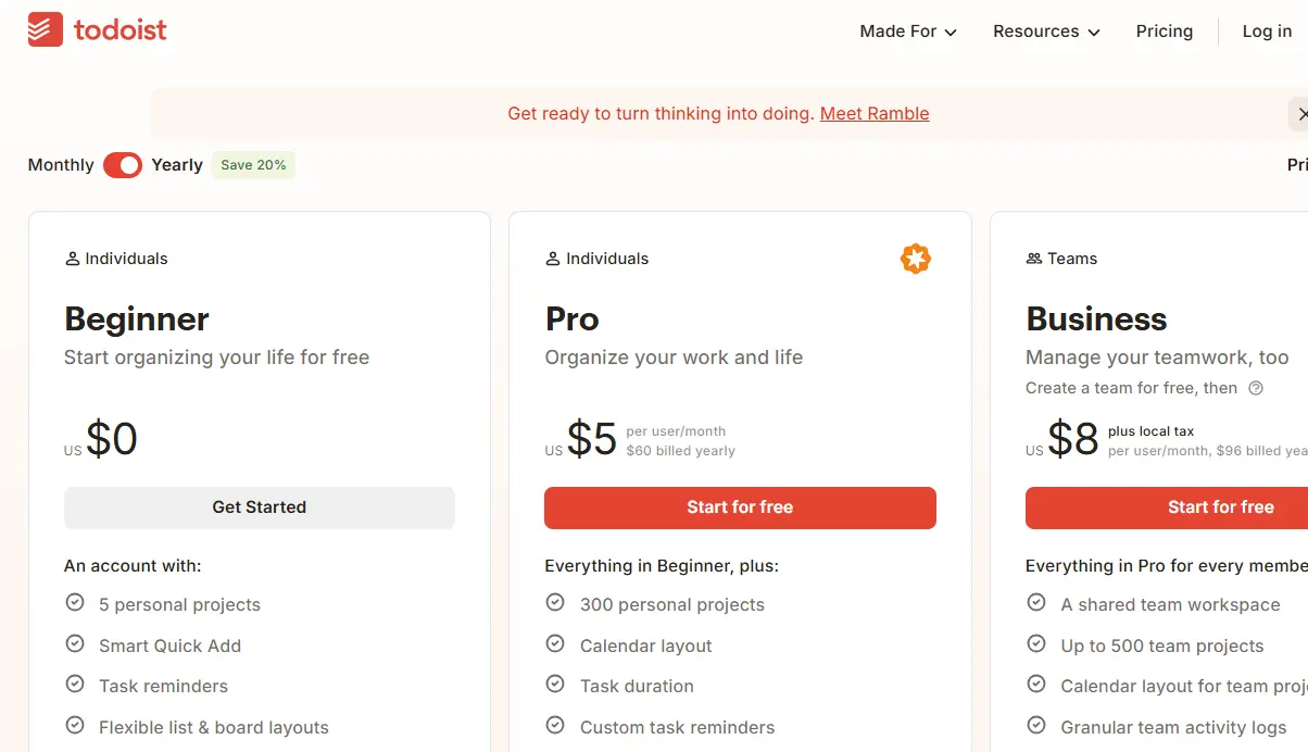 Screenshot of Todoist pricing plans: Beginner (free), Pro ($5/month), and Business ($8/month).