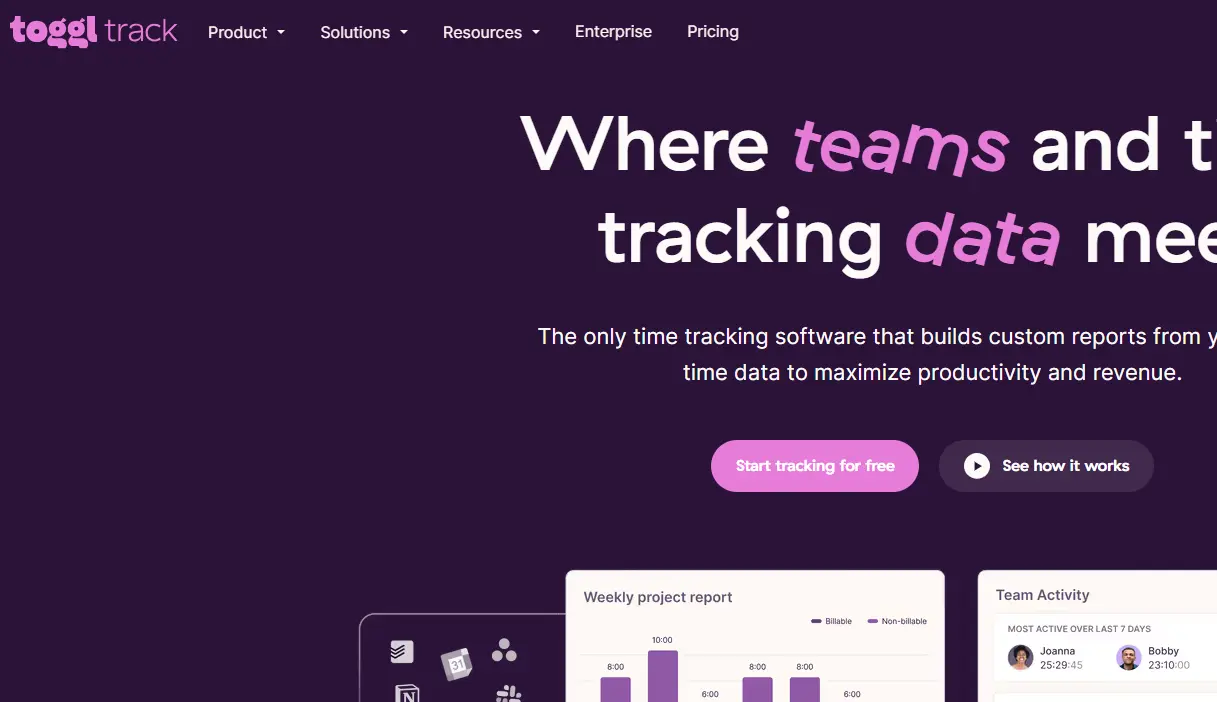 Toggl Track website interface with headline "Where teams and tracking data meet" and two call-to-action buttons.