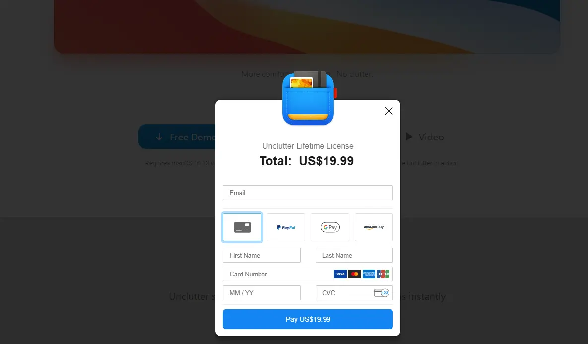 A pop-up window displays the "Unclutter Lifetime License" payment form for $19.99, with fields for email, name, card number, expiration, and CVC, and payment options including credit card, PayPal, GPay, and Amazon Pay.