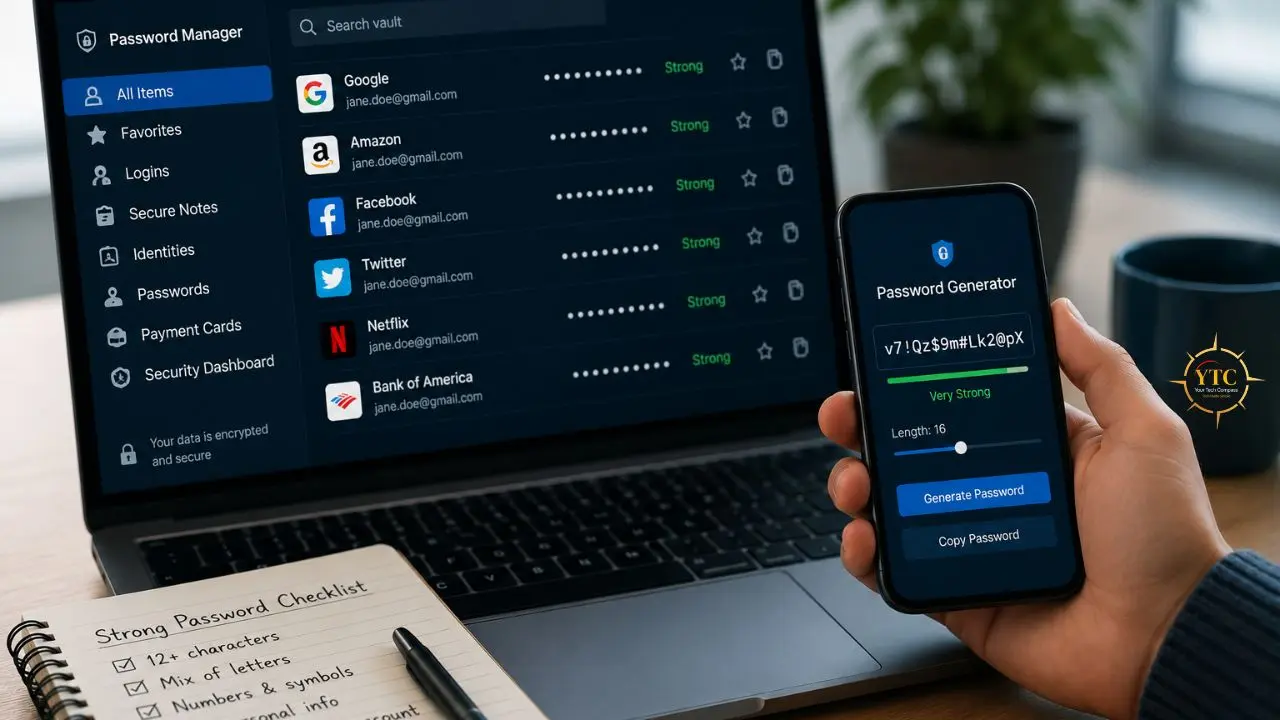 A hand holds a smartphone displaying a password generator app next to a laptop open to a password manager dashboard.