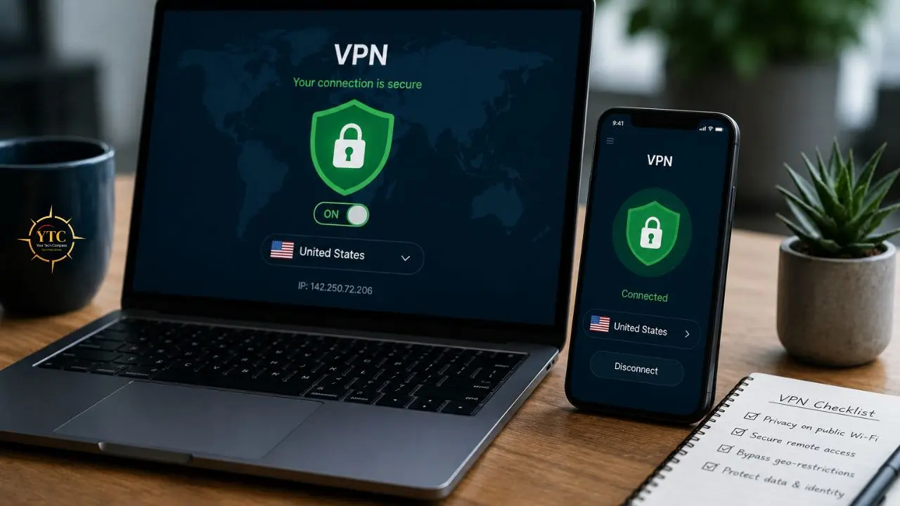 A laptop and a smartphone displaying a VPN connection active to the United States, with a notebook listing VPN benefits.