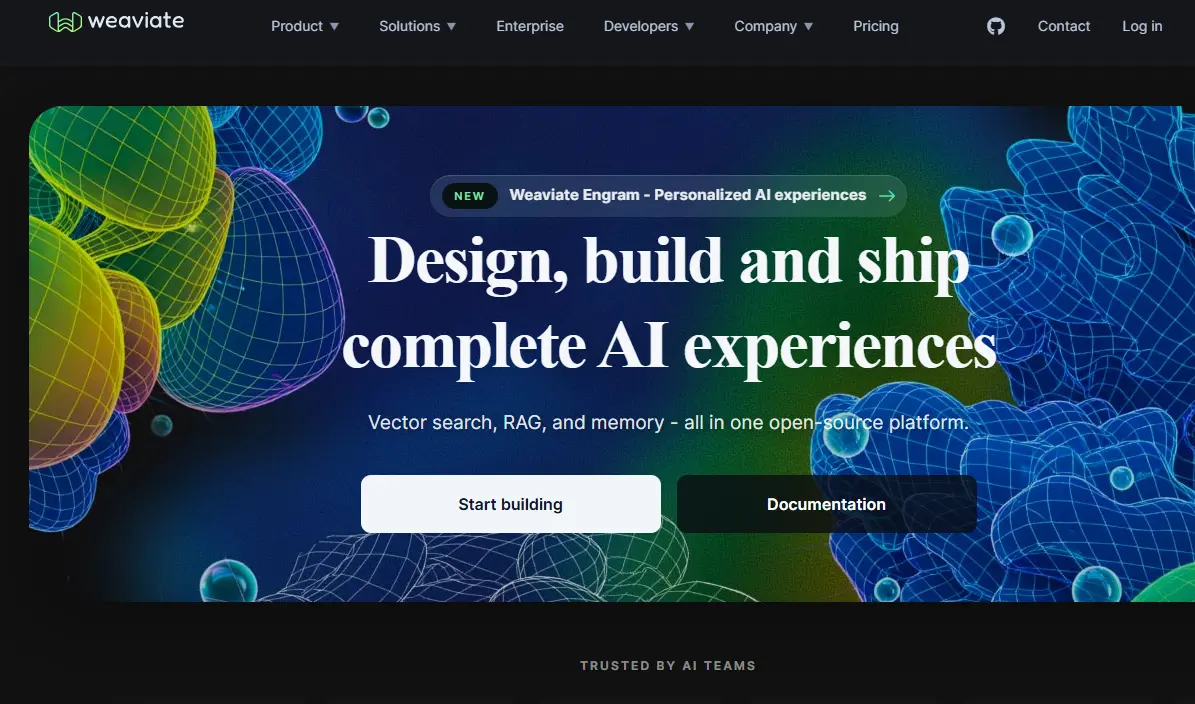 Weaviate website landing page with abstract AI-themed graphics and text "Design, build and ship complete AI experiences".