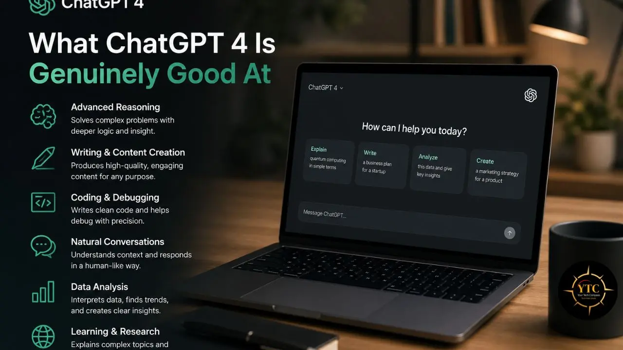 Laptop displaying ChatGPT interface with a list of its capabilities, including Advanced Reasoning, Writing & Content Creation, and Coding & Debugging.