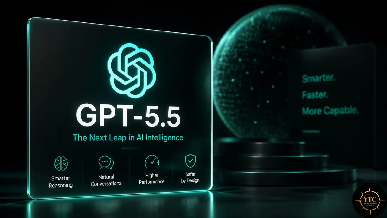 Futuristic AI graphic displaying "GPT-5.5 The Next Leap in AI Intelligence" with features like Smarter Reasoning and Natural Conversations, alongside a glowing abstract sphere.