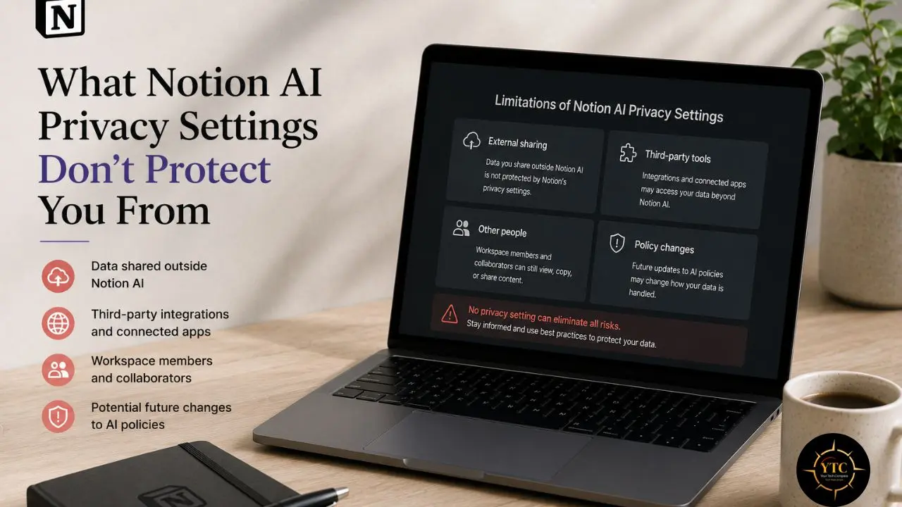 Laptop displaying "Limitations of Notion AI Privacy Settings" with details on external sharing, other people, third-party tools, and policy changes.